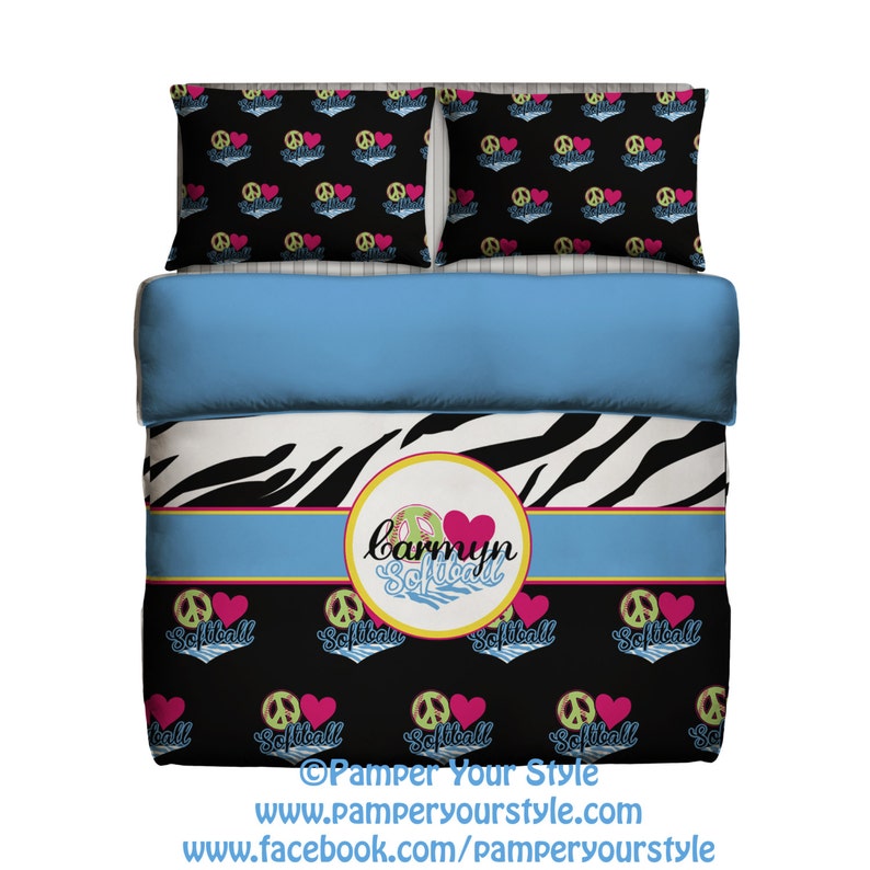 Softball Bedding Peace Love Soft Ball Bedroom Zebra Bed Personalize with Name or Monogram image 1