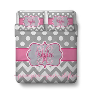 Polka dot and Chevron Duvet with Matching Sham(s) -  Pink and Gray Monogrammed Bedding - Personalize with Name or Monogram - Create your Bed