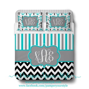 Nautical Striped and Chevron Bedding - Custom Aqua, Gray and Black Duvet or Comforter, Personalized, Create and Design Your Own Bedding