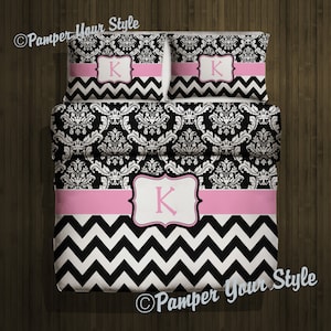 Custom Damask and Chevron Duvet Cover and Matching Sham(s)  - Any Your Name or Monogram- Personalized or Monogrammed - Any Size or Color