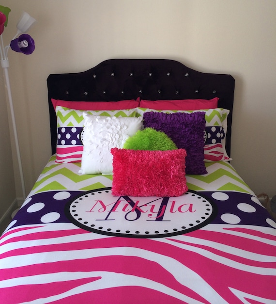 Chevron And Zebra Personalized Bedding With Shams Personalize With Name Or Monogram Hot Pink Purple And Lime Green Bedroom