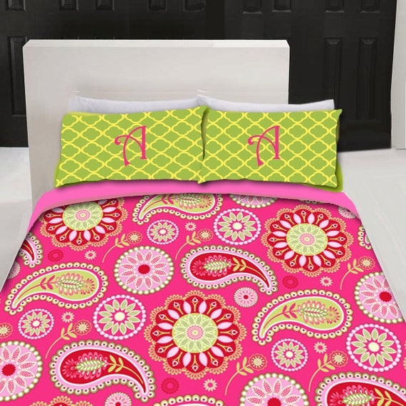 Custom Paisley Monogrammed Bedding Duvet Cover Or Comforter Custom Paisley Monogrammed Bedding, Lime Green Pink Bedding