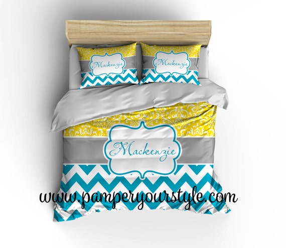 Chevron And Damask Yellow And Turquoise Bedding Duvet Cover Or Etsy