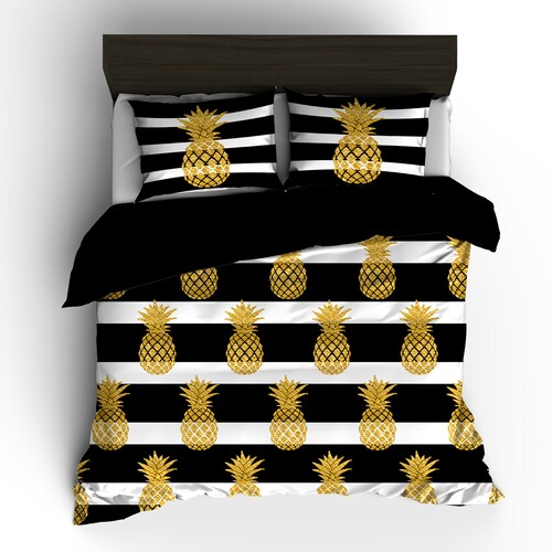 Gold Foil Look Pineapple Bedding Black and White Stripe Etsy