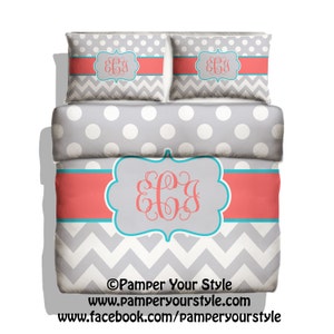 Polka dot and Chevron Duvet with Matching Pillowcase(s) Personalize with Name or Monogram - Gray and Coral Monogrammed Personalized Bedding
