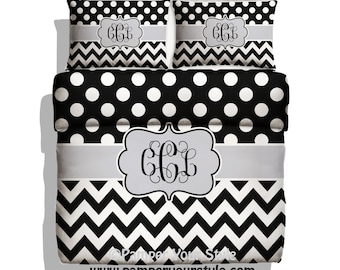 Polka dot and Chevron Duvet Cover or Comforter with Pillow Case(s) - Black, White and Gray Monogrammed Bedding - Personalized Daybed Bedding