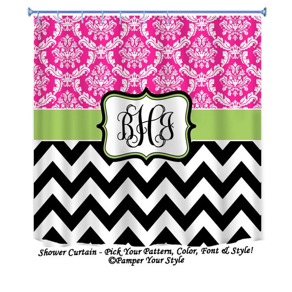 Hot Pink Black And Green Monogrammed Girls Shower Curtain Etsy