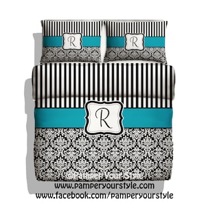 Stripe and Damask Bedding Duvet Cover/Comforter and Pillowcase(s) - Turquoise, Black and White Monogrammed