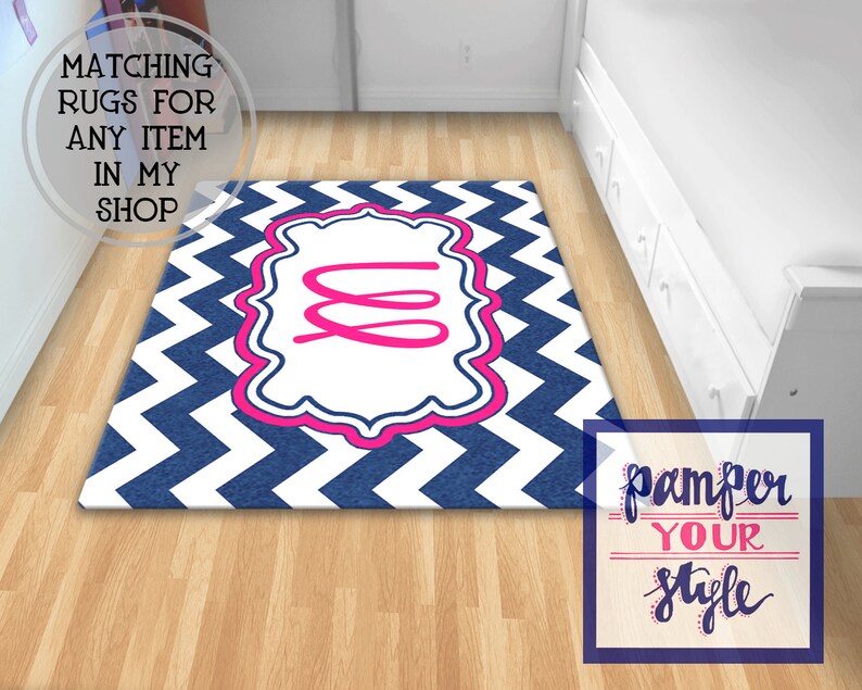 Chevron Navy and Hot Pink Area Rug Monogrammed Floor Rug Etsy