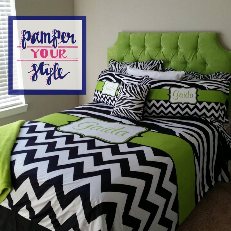 Zebra and Chevron Personalized Bedding with Lime Green
