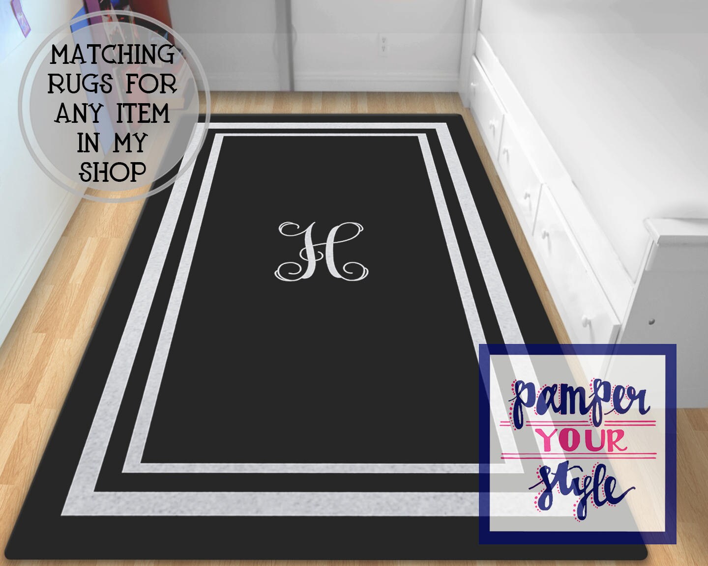 Black and Gray Monogrammed Area Rug Personalized Black Rug Etsy
