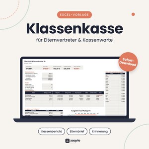 May include: A digital Excel template for class funds displayed on a laptop screen. The interface shows financial tables, including a summary, student payment status, and expense categories. Text includes "Klassenkasse", "Sofort-Download", and "zaqvio".