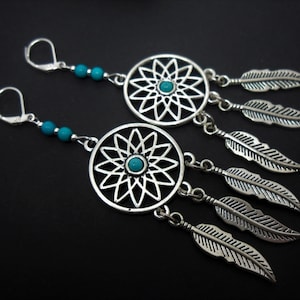 A pair of  long dangly dreamcatcher & turquoise bead leverback hook earrings. new.