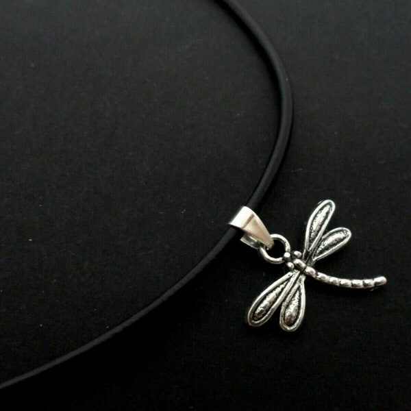 A leather cord 13" - 14" tibetan silver dragonfly charm choker necklace.