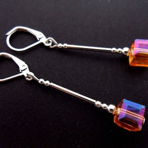 A pair of cute little hand made tibetan silver dangly amber colour crystal cube bead leverback hook earrings. new.