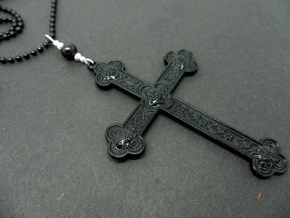 A Lovely Large Black Cross Themed Tibetan Silver Pendant Necklace