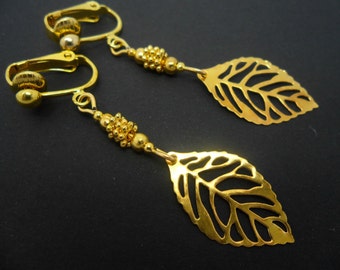 Boucles D'oreilles Clips Pendantes Dorées - Forme Feuille D'arbre/chandelier - Modèle EH5