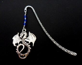 A tibetan silver dragon and blue crystal bead bookmark. 9cm long.