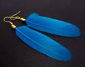 Une paire de longues bleu boucles d’oreilles plumes pendantes.