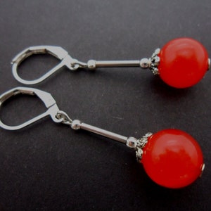 A pair of pretty red jade bead leverback hook earrings. new.