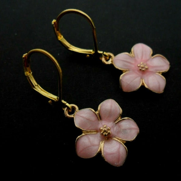 A pair of gold/pink enamel flower themed leverback hook earrings. new.