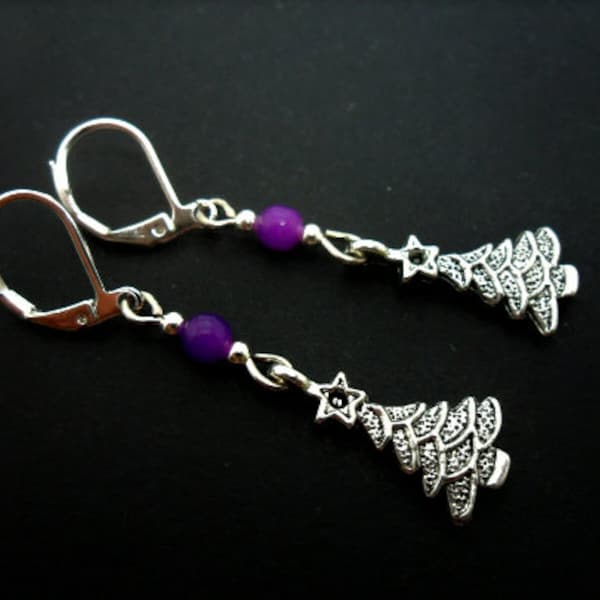 A pair of hand made christmas tree  themed  tibetan silver and purple jade bead dangly leverback hook earrings.