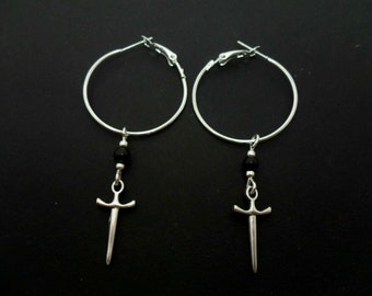 A pair of silver plated 30mm 1" hoop and dagger/knife charm earrings.