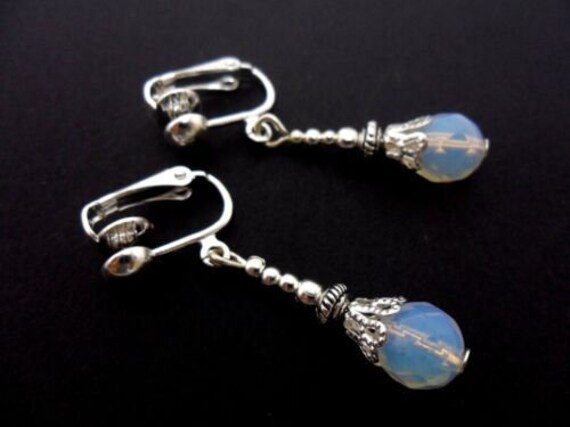 Art Deco OPALITE Moonstone Glass Shamrock Sterling Silver Necklace Earrings Set ~ JAPAN