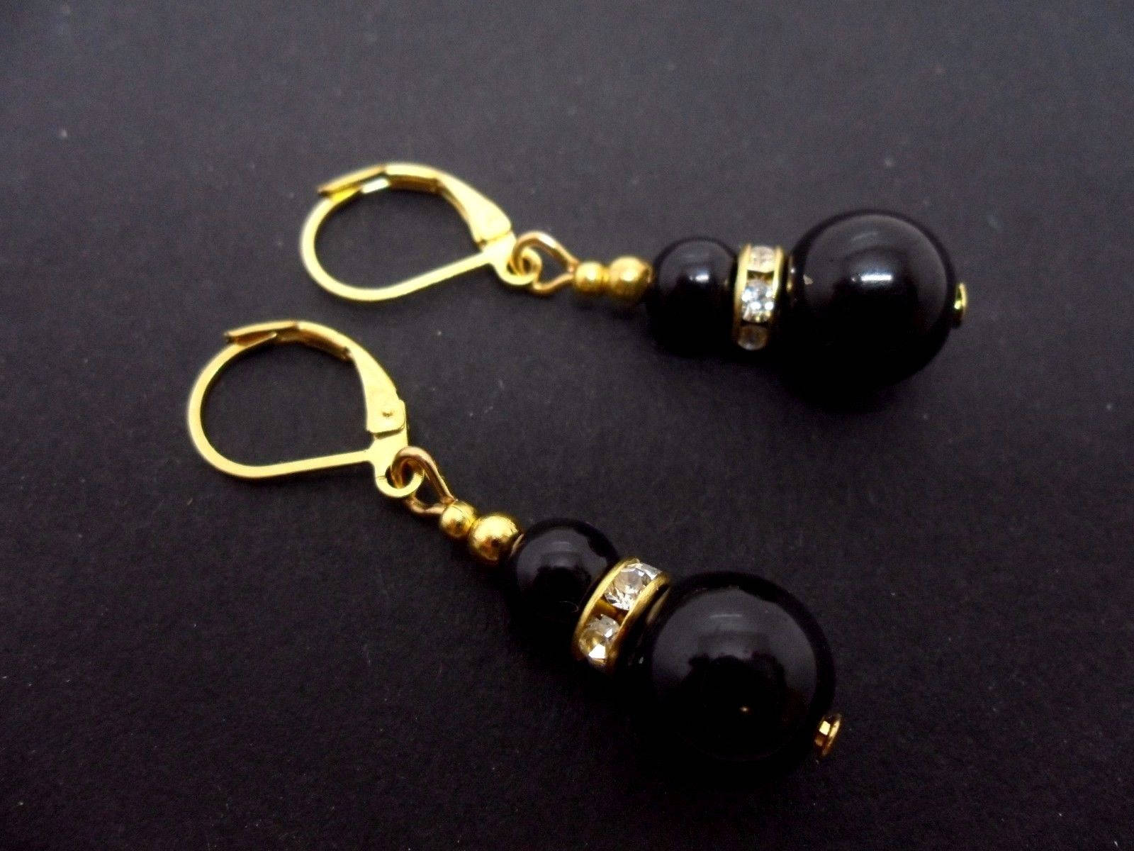 Boucles D'oreilles Dormeuses En Or Jaune Avec Perles Noires Fines - Style Pendantes - Neuf Sans Emballage