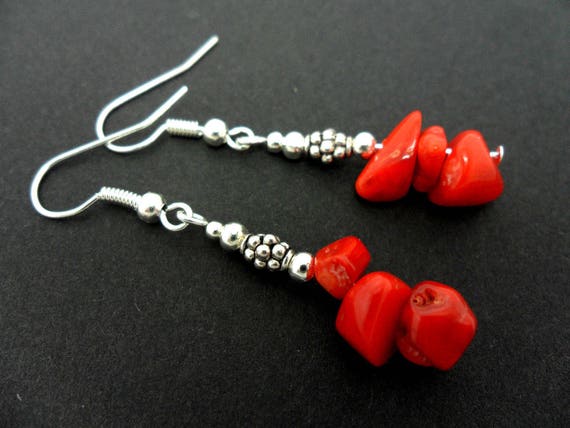 A pair of cute little red coral chips dangly earrings. | Etsy
