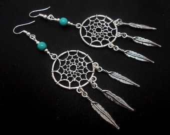 A pair of  long dangly turquoise bead dreamcatcher earrings. new.