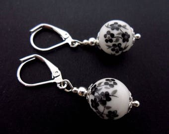 A pair of cute little hand made silver plated  black & white  porcelain bead dangly leverback hook earrings. new.