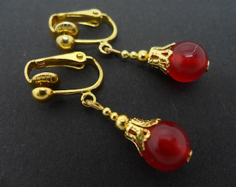 Boucles D'oreilles Clips En Cornaline - Pierre Naturelle, Occasion Comme Neuve