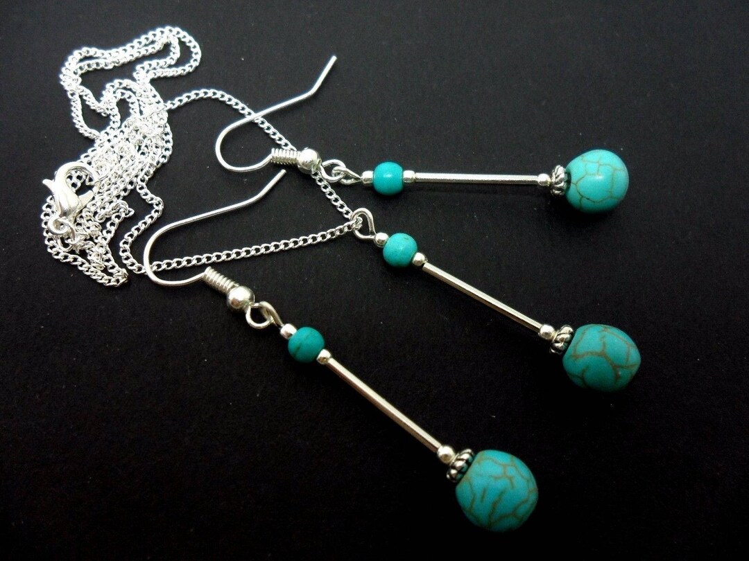 Lot Vintage Collier Perles Turquoises + Boucles D'oreilles Assorties - état Très Bon