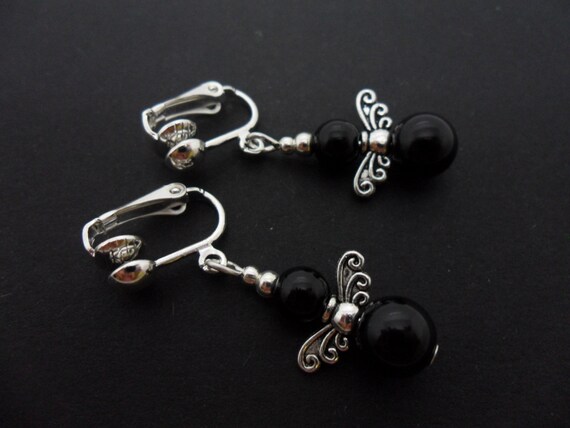Handmade Black Onyx Dangle Earrings – Silver Plated Clip-Ons, Modern Drop Style