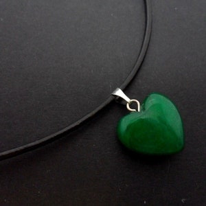 A leather cord 13&quot; - 14&quot; green jade or opalite heart charm choker necklace.