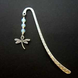A tibetan silver dragonfly and opalite bead bookmark. 9cm long.