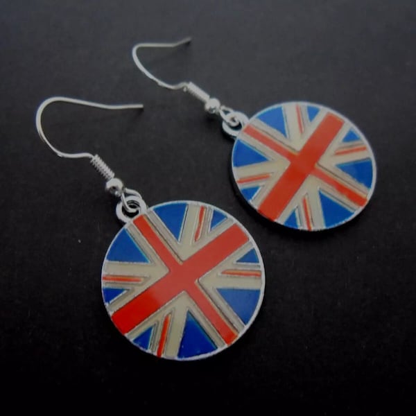 A pair of hand made enamel dangly union jack flag earrings.