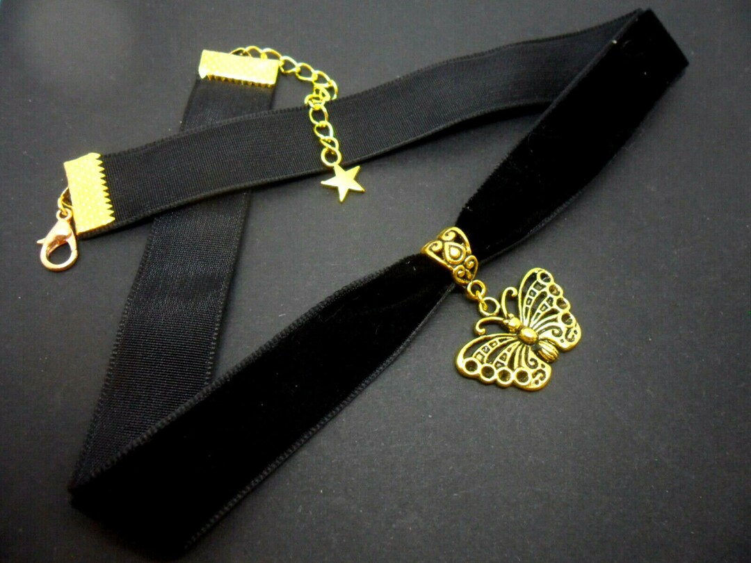 Black Velvet Choker with Blue and Yellow Butterfly Pendant Whimsical Colorful Moth Choker Necklace Black Velvet Ribbon  main image 3