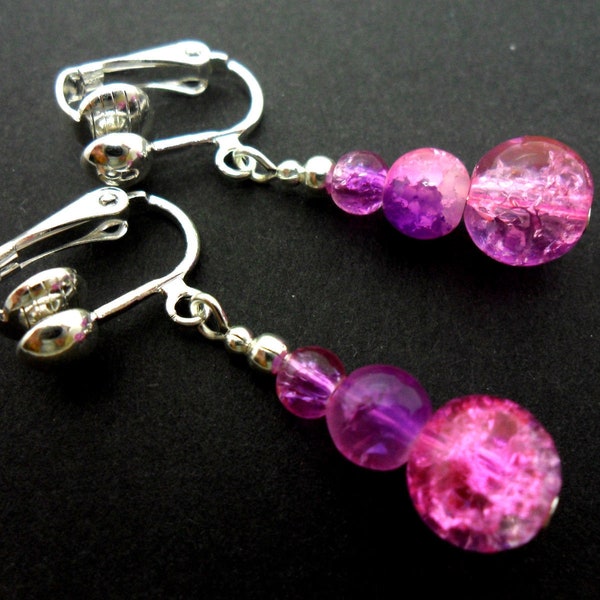 A pair of hand made dangly pink & purple crackle glass  bead clip on  earrings. New.