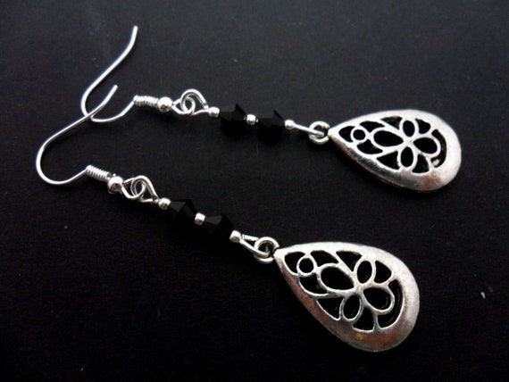 thumbnail image 2 of Handmade Long Dangle Teardrop Earrings - Black Crystal On Silver Plated Hooks 2 of 6