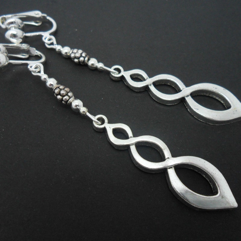 thumbnail image 2 of Handmade Long Dark Red Feather Dangly Clip-On Earrings – Silver Plated, New 2 of 5