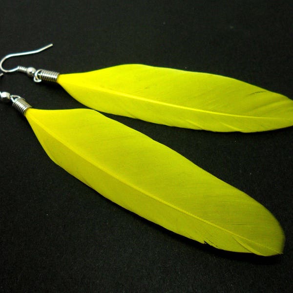 A pair of long yellow feather dangly earrings.