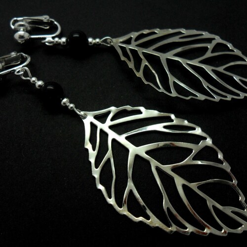 Pair Of Tibetan Silver Long Leaf Dangly Earrings - Handmade Drop Earrings With Hook Closure