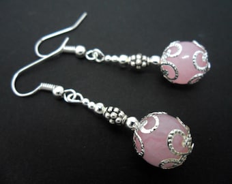 A pair of pretty pink jade  bead  dangly earrings.