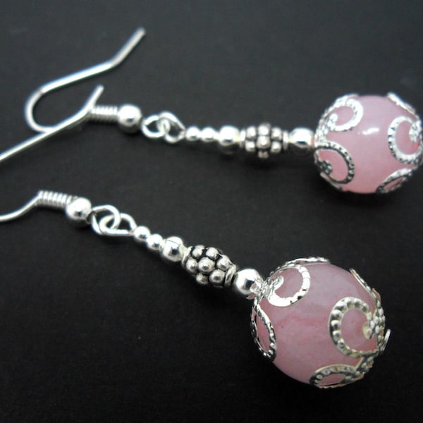 A pair of pretty pink jade  bead  dangly earrings.