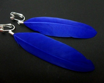 A pair of long blue feather clip on  dangly clip on earrings.