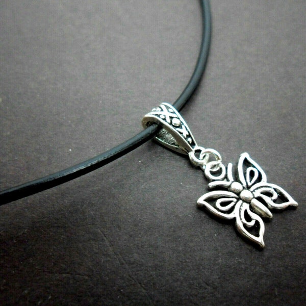 A leather cord 13" - 14" tibetan silver butterfly charm choker necklace.