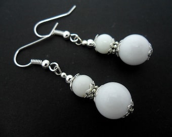 A pair of pretty white jade  bead  dangly earrings.