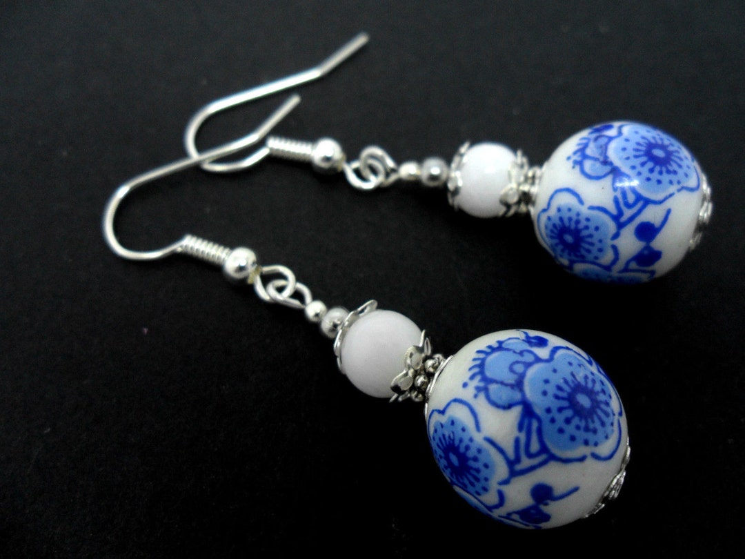 Handmade Long Dangle Porcelain Flower Bead Earrings - Black & White, Silver Hook